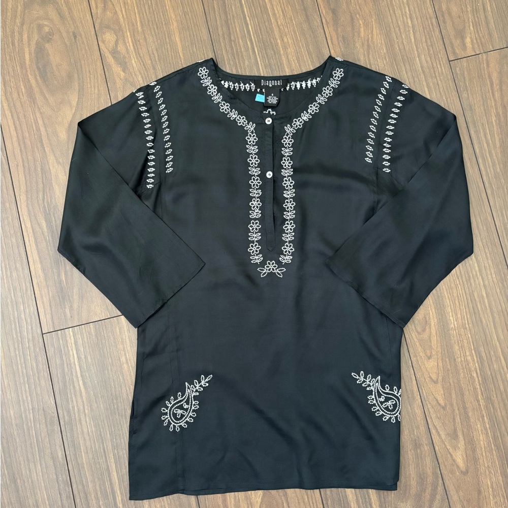 Diagonal Black Embroidered Silk V-Neck Tunic Top